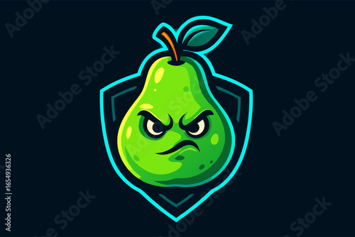 Vibrant and intense green pear character logo, embodying an e-sports spirit or competitive gaming mascot, perfect for team branding or energetic design.
