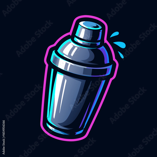 An iconic illustration of a metal cocktail shaker, reflecting neon pink and blue light, perfect for bar, mixology, and beverage branding.