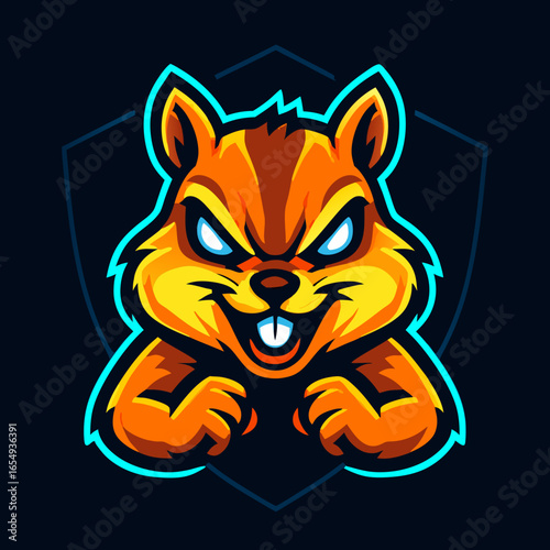 Fierce squirrel mascot logo for esports gaming team. Aggressive rodent character head with glowing eyes for a sports clan emblem or streaming avatar.