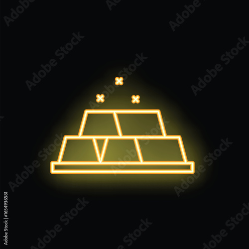 Neon style icon of gold bars stack glowing on black background