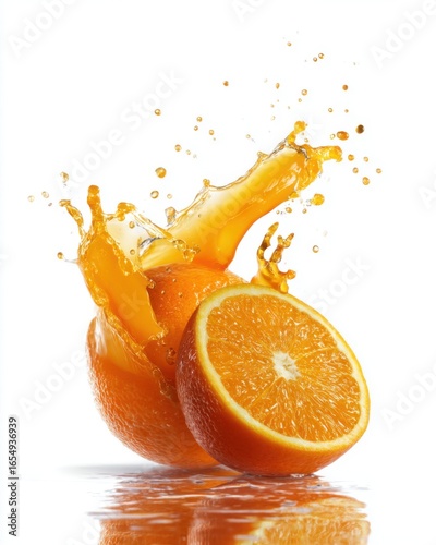 Orange splash on white background studio shot of citrus fruit with juice explosion and reflection