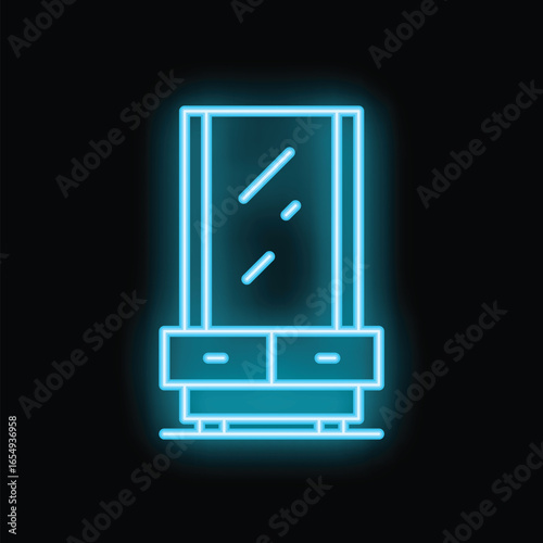 Neon icon of a dressing table with a mirror and drawers glowing blue on a black background