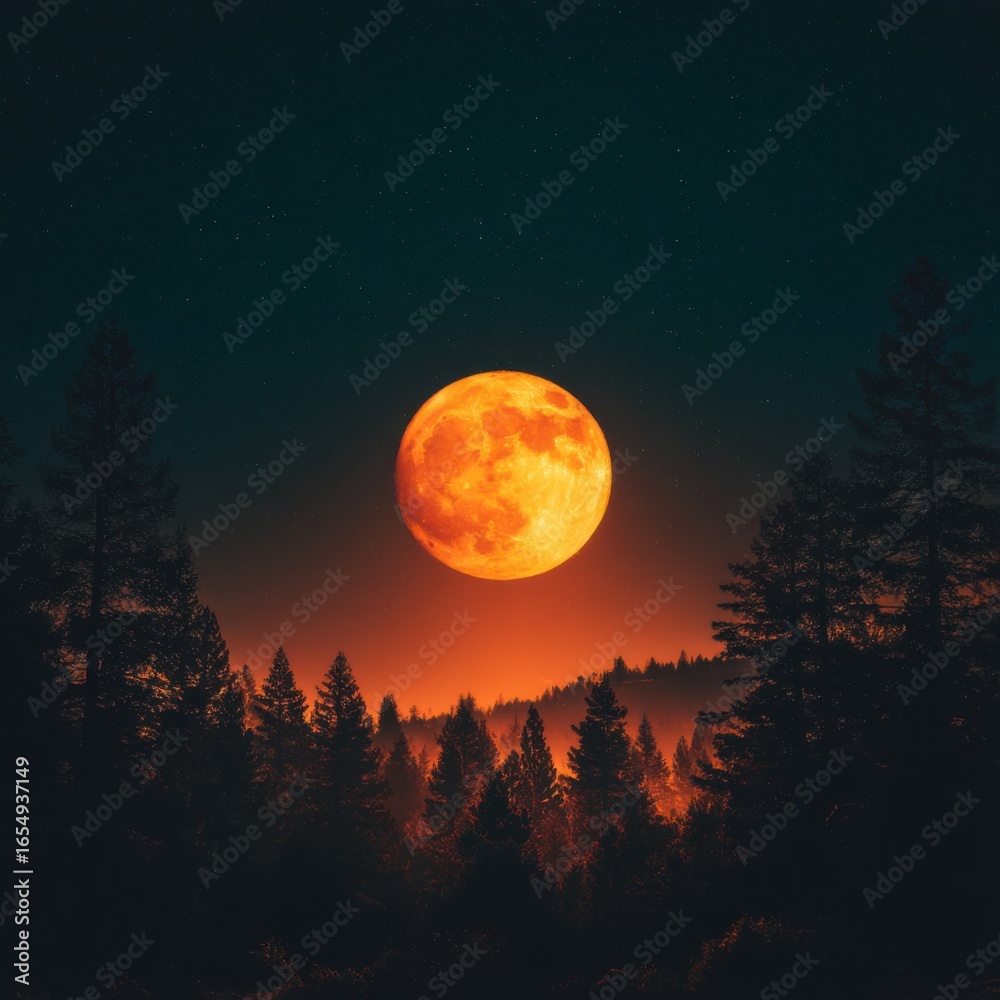 Fototapeta premium Full moon rising over a dark forest landscape at night in a scenic view with a starry sky and orange glow