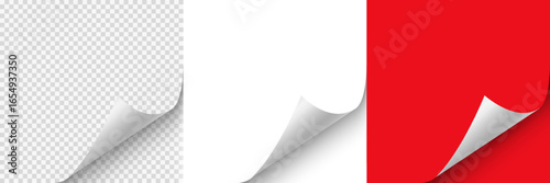 Blank page with curled edge corner and shadow, rolled up stickers set, peel banners, bent sheet, page curl with shadow on blank sheet, curled page corner isolated