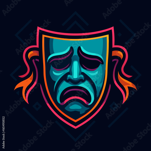 Vibrant vector illustration of a stylized blue tragedy mask, a symbol of drama, sadness, and theatrical performance art.