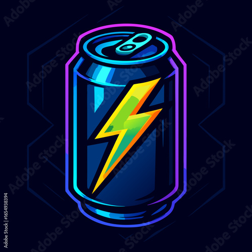 Dynamic neon-infused illustration of an electrifying energy drink can, emblematic of instant vitality and a powerful surge of refreshing vigor for modern, active lifestyles.