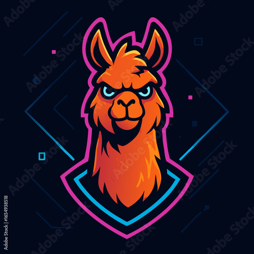 Fierce llama head esports mascot logo design. Vector graphic illustration of an angry alpaca animal character for a gaming team or streaming identity.