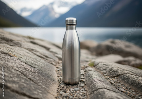 Metal water bottle on rock with mountain lake background