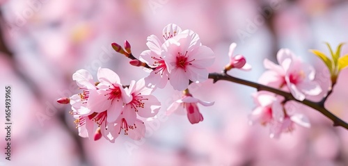 Delicate pink cherry blossom nestled on a slender spring branch, flowers, tree