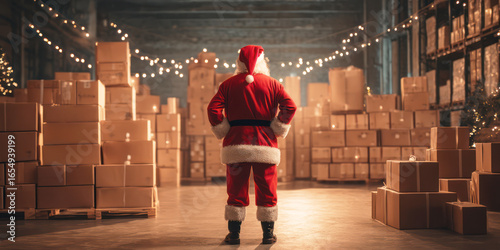 Christmas gift delivery Santa Claus standing in shop warehouse storage full of cardboard present boxes concept of logistic e-commerce e-business holiday package goods shipping service