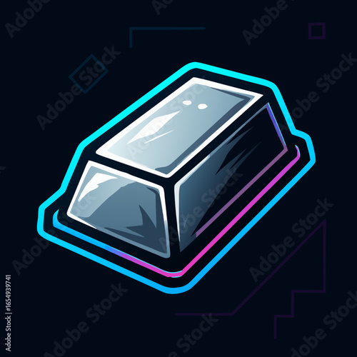 Vibrant neon gaming style icon of a silver or platinum ingot representing wealth, finance, and digital assets. Stylized metallic bullion bar illustration.