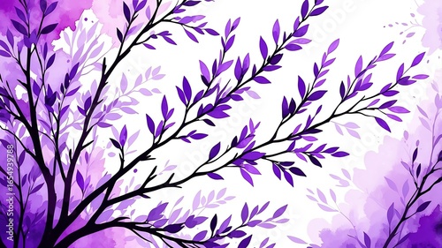 Abstract watercolor style art combination of art purple and white themed background. Tree branches textured art with sense of colors