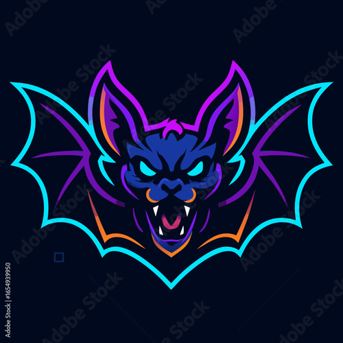 Neon bat esport logo with an aggressive expression and vibrant glowing wings. A fierce nocturnal creature emblem for a gaming team mascot.
