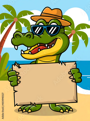 Cartoon crocodile with sunglasses holding blank sign on beach.  