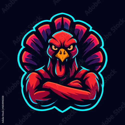 Aggressive turkey mascot with crossed arms. A powerful character illustration for esports, sports teams, and gaming logos. Vector graphic of a strong, angry bird.