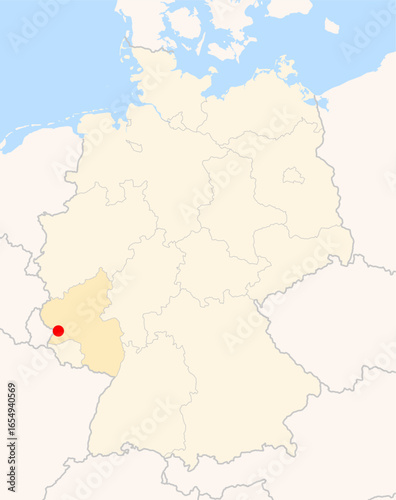 Locatormap of the city Trier (Rheinland-Pfalz) in Germany. The city is marked with a red dot and the Bundesland is also highlighted. No labels at all.