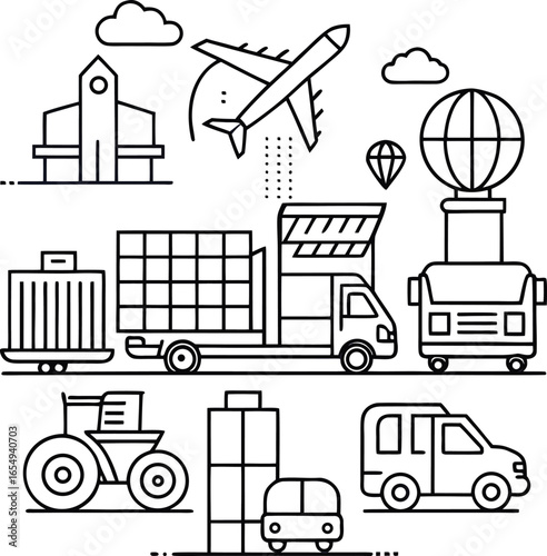 Collection of transportation vehicles and modes of travel in a simple line drawing style