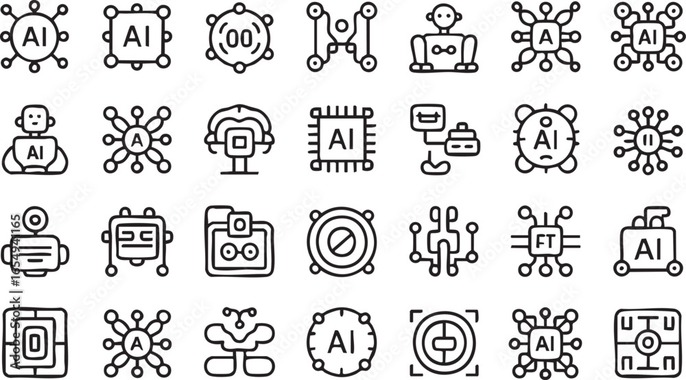Obraz premium A set of black and white line art AI icons on a transparent background