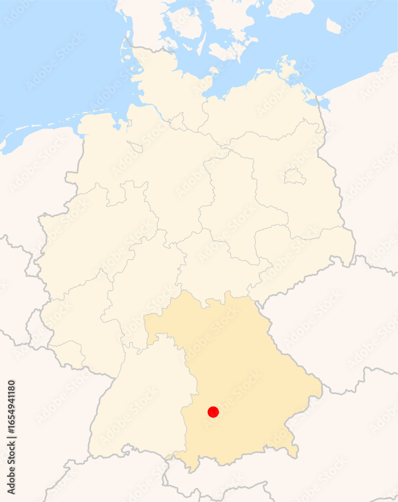 Locatormap of the city Augsburg (Bayern) in Germany. The city is marked with a red dot and the Bundesland is also highlighted. No labels at all. Locatormap of the city Augsburg (Bayern) in Germany. The city is marked with a red dot and the Bundesland is also highlighted. No labels at all.