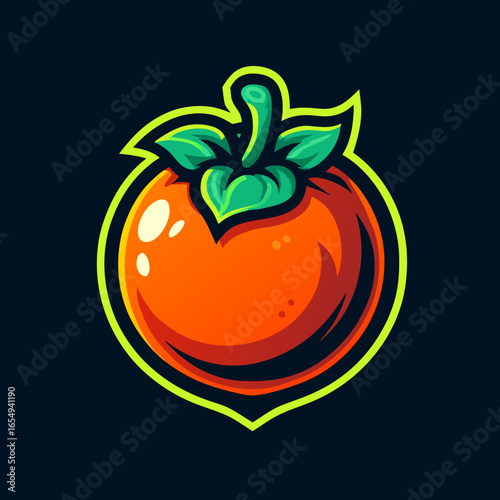 Illustration of a vibrant orange fruit, possibly a persimmon, with a green stem and leaves, perfect for design and branding