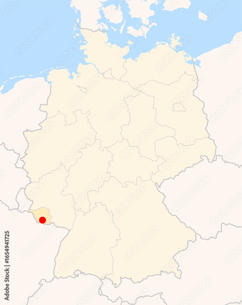 Obraz premium Locatormap of the city Saarbruecken (Saarland) in Germany. The city is marked with a red dot and the Bundesland is also highlighted. No labels at all.