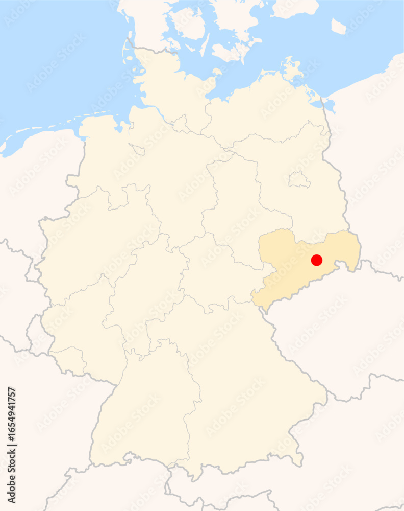 Fototapeta premium Locatormap of the city Dresden (Sachsen) in Germany. The city is marked with a red dot and the Bundesland is also highlighted. No labels at all.