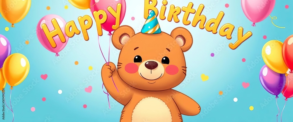 Fototapeta premium Cute bear with balloons in happy birthday frame illustration, illustration, celebration