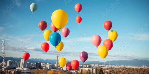 Brightly colored birthday balloons ascending into Vancouver, BC sky,   summer,  photography