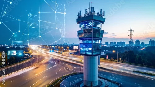 Modern Air Traffic Control Tower with Data Overlay at Dusk