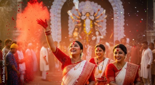 Celebration of Durga Puja with Joyful Women and Colorful Powders
