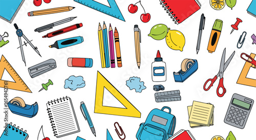 Back to School. A colorful hand drawn vector doodle seamless pattern of school and office supplies like pens, pencils, and notebooks for a website banner, a sale flyer, or educational material.