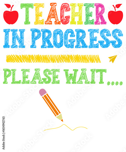 Teacher in progress graphic with apples and pencil on black background with please wait message