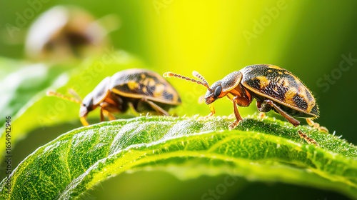 Two brown and yellow beetle bugs on a green leaf with a blurred green background.