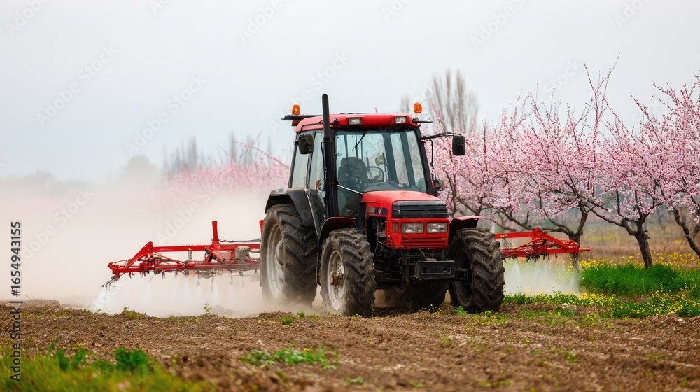 Fototapeta premium Red tractor spraying field, pink blossoms