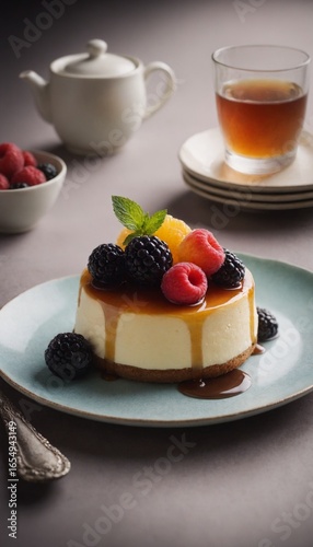 Sweet dessert with fresh fruit toppings served on small plate