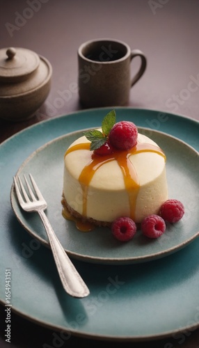 Soft pudding dessert topped with fresh berries on blue plate