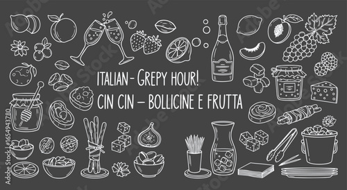 Italian Happy Hour. Bubbles and Fruit. A hand drawn chalk vector illustration set of prosecco, fresh fruit, and cheese for a restaurant's blackboard menu, or a party invitation poster.