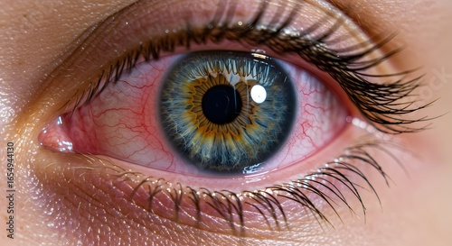 Close-up of a human eye with visible blood vessels.