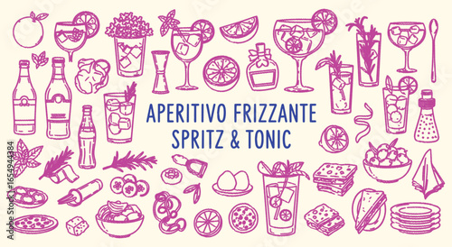 Sparkling Aperitivo. Spritz and Tonic. A vibrant hand drawn vector doodle collection of classic spritz and gin tonic cocktails for a modern bar menu, a party invitation or social media.