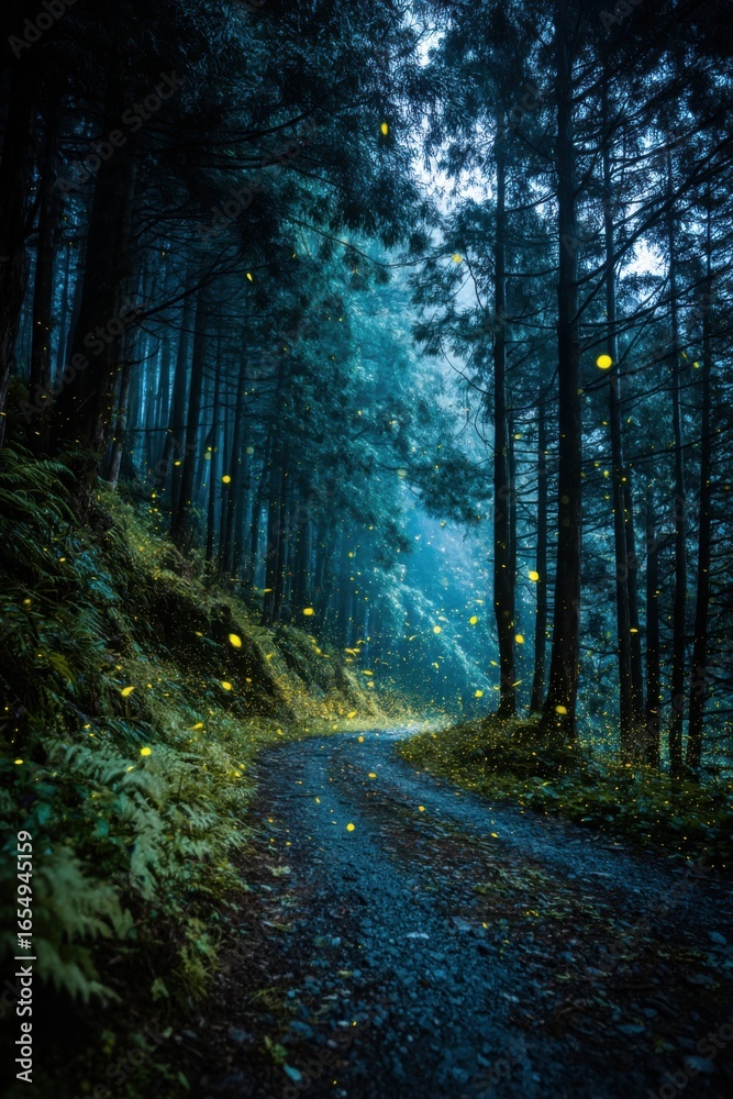 Fototapeta premium Fireflies illuminating a forest path at night, low angle, magical realism, Japan, summer, nature photography