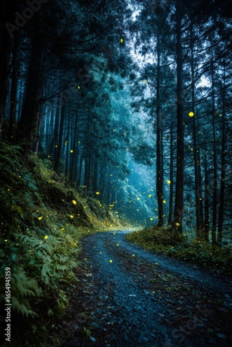 Fireflies illuminating a forest path at night, low angle, magical realism, Japan, summer, nature photography