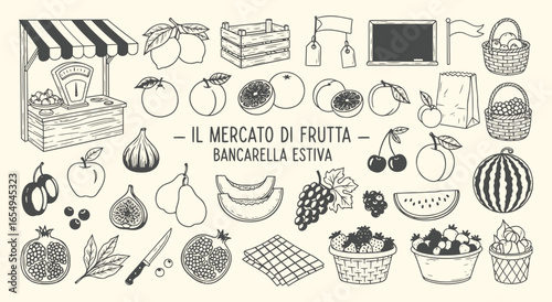 Fruit Market. Summer Stall. A vintage hand drawn vector illustration set of a market stand with watermelon, cherries, and figs for grocery branding or a farmers market poster design.