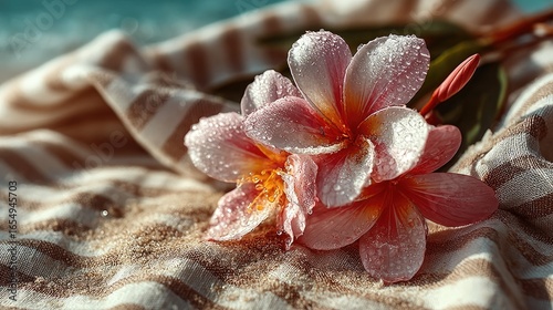 Pink plumeria flowers on striped fabric, sand