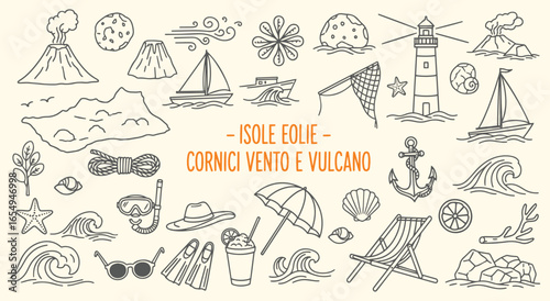 Aeolian Islands. Wind and Volcano. A hand drawn vector doodle set of Sicily's landmarks, boats, and beach icons for a travel poster, adventure blog graphic, or a tourism brochure design.