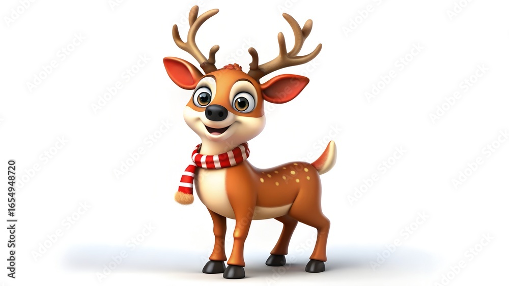 Obraz premium Cute cartoon reindeer with antlers and a red and white striped scarf, isolated on white background for christmas