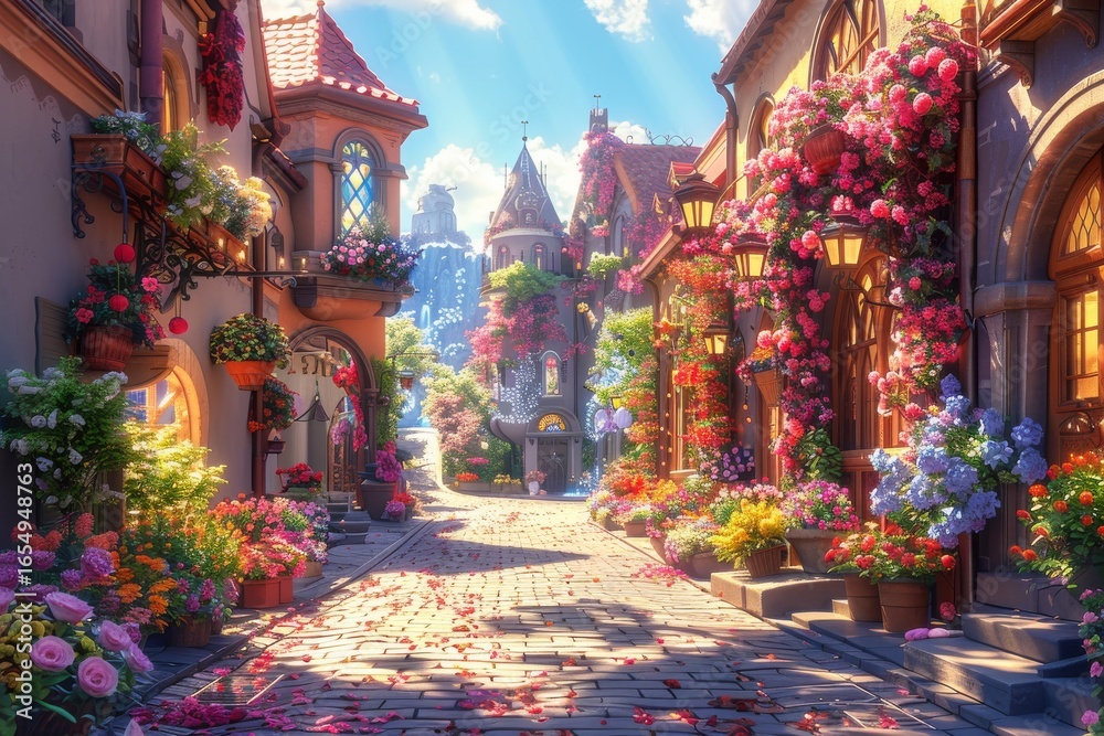 Obraz premium Charming cobblestone street adorned with vibrant flowers in a picturesque village on a sunny day