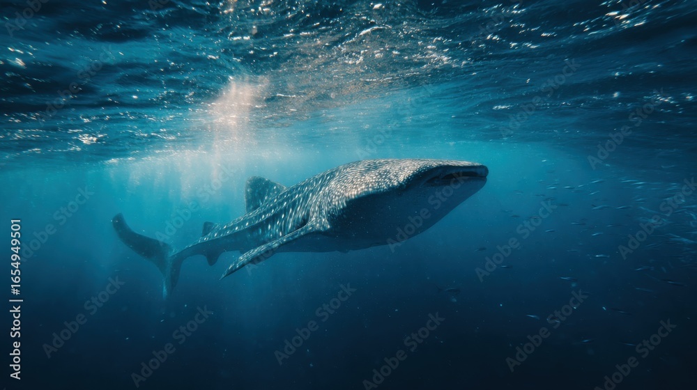 Fototapeta premium Whale shark swimming underwater in blue ocean with sun rays shining through the surface majestic gentle giant marine wildlife
