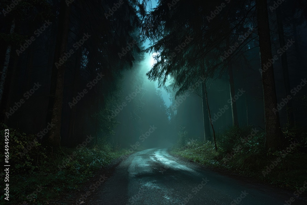 Obraz premium Misty forest road at night