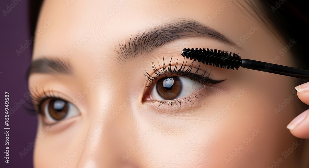 Naklejka premium Close up of a young woman applying dark black mascara to her eyelashes with a black wand creating a flawless natural look for a beauty photoshoot
