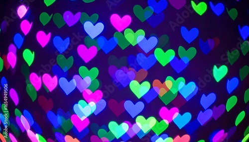 A vibrant display of multicolored hearts, created by light bokeh, against a deep indigo backdrop.